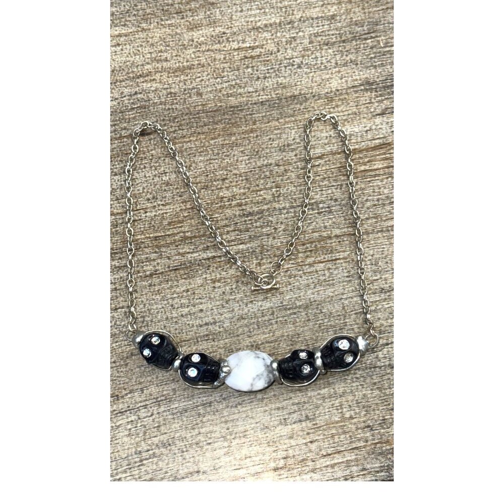 Artisan Necklace W/ Black Onyx Sugar Skulls, Swarovski Eyes & Marble Centerpiece - Picture 5 of 12
